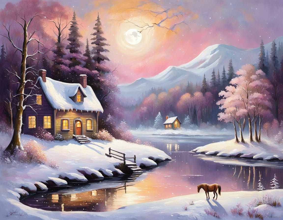 Mystical Snowy Forest Landscape with Moonlit Lake