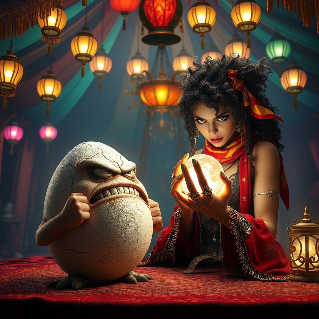 Irate Egg Confronts Fortune Teller in Circus Tent