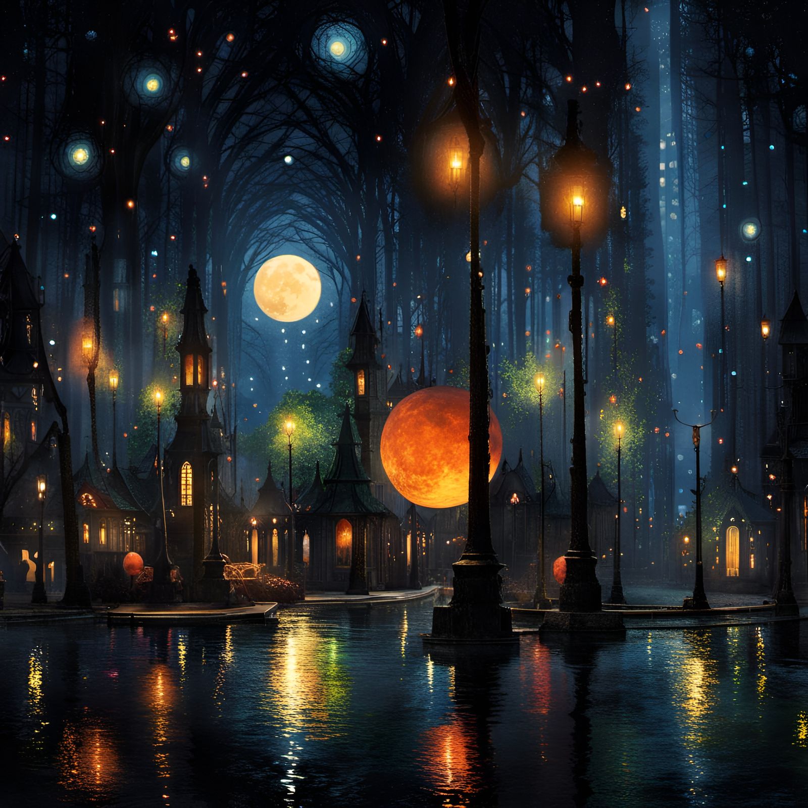 Abstract Fantasy Village Reflected in Dark Water