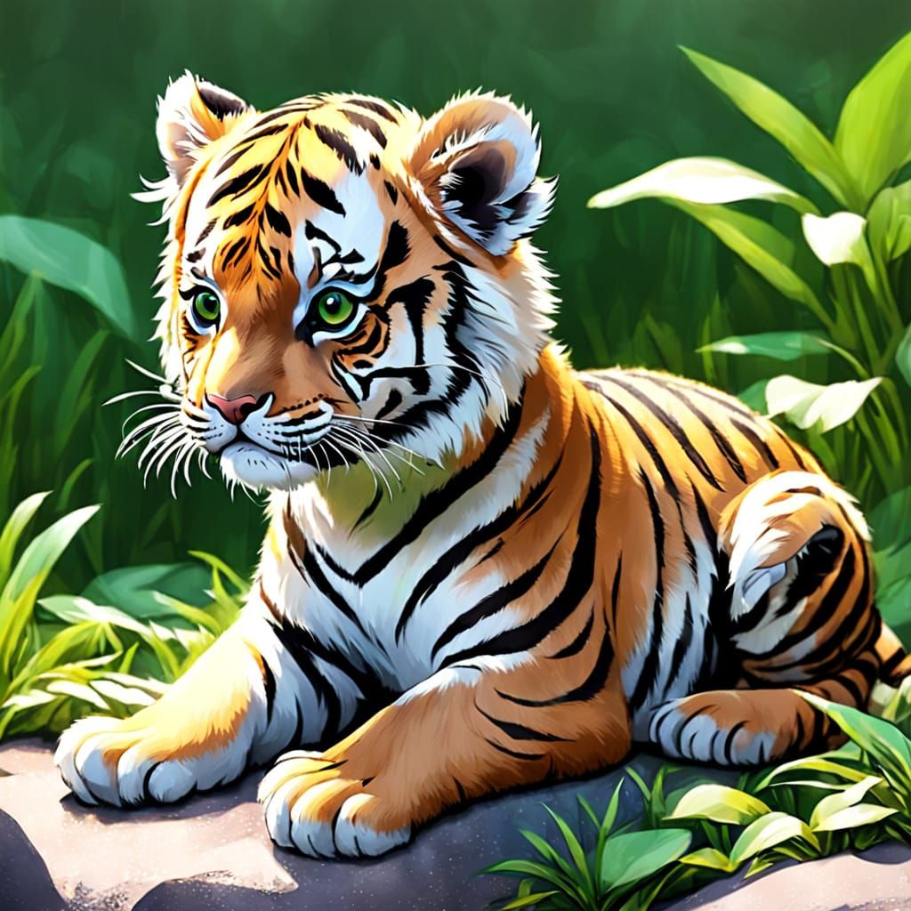 Cute Tiger Cub in Forest Glade