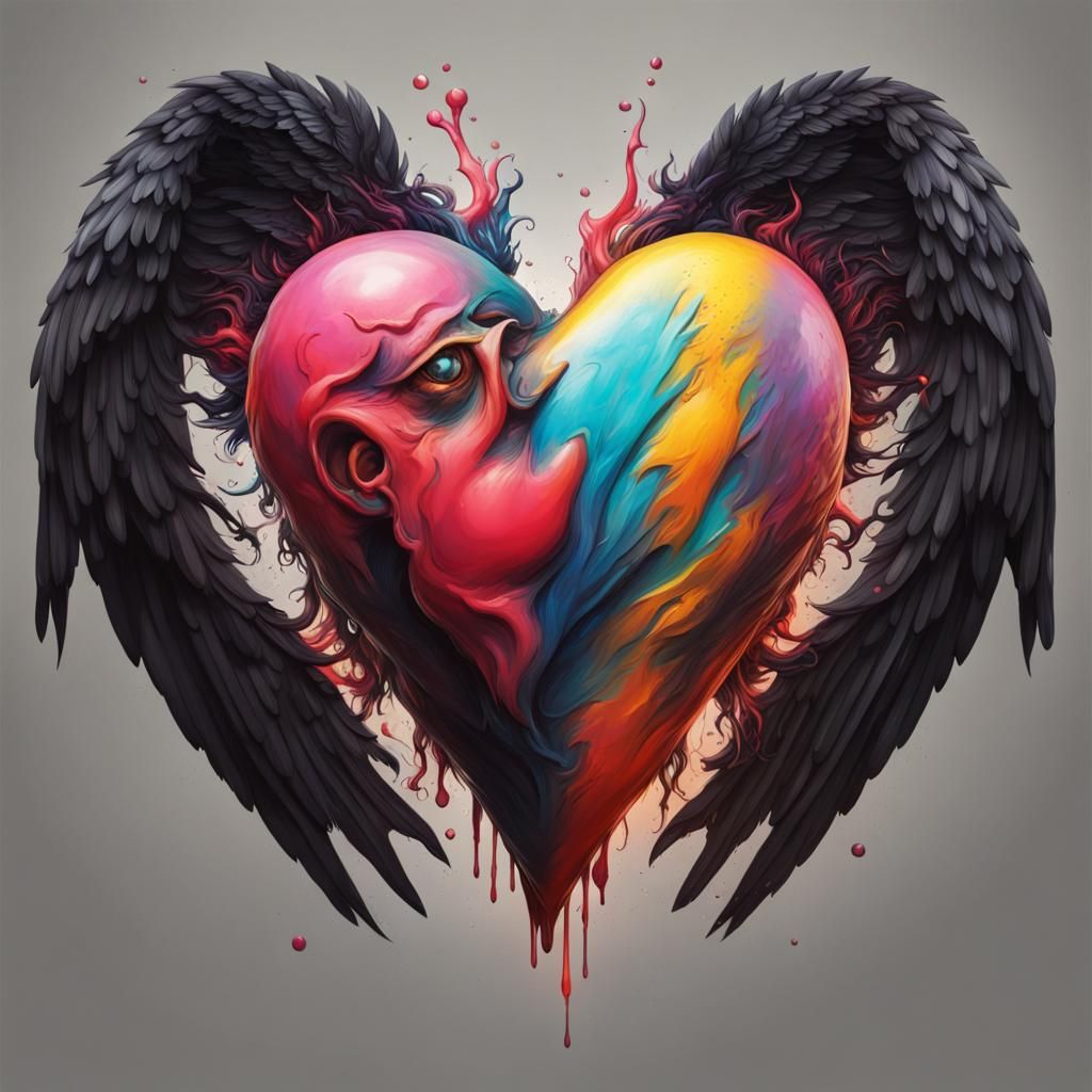 Heart with Black Wings in Hyperrealistic Style