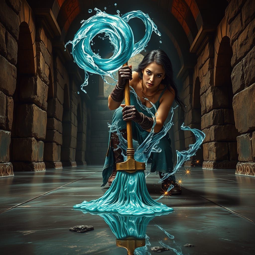Determined Sorceress Controls Water Elemental in Stone Hall