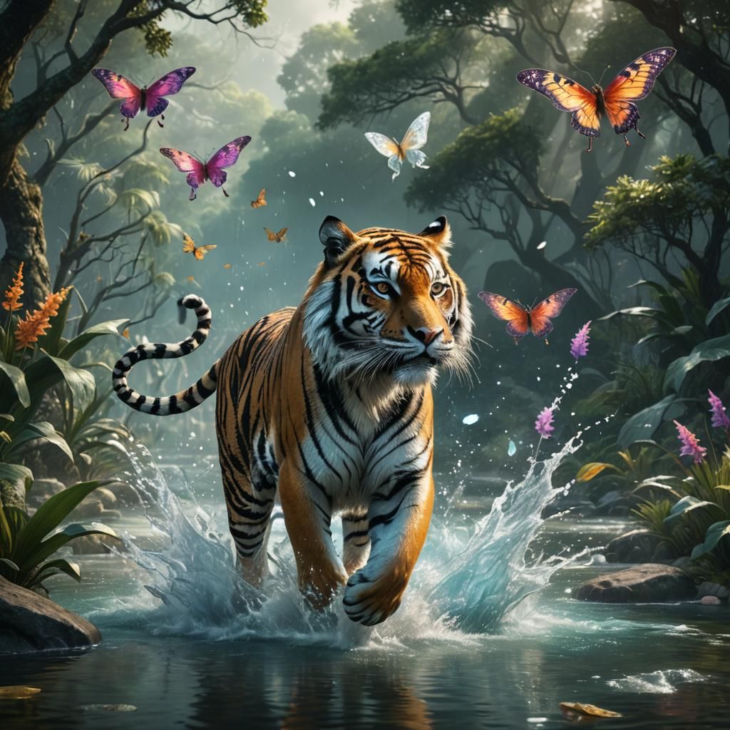 Tiger and Fairy in Mystical River Scene