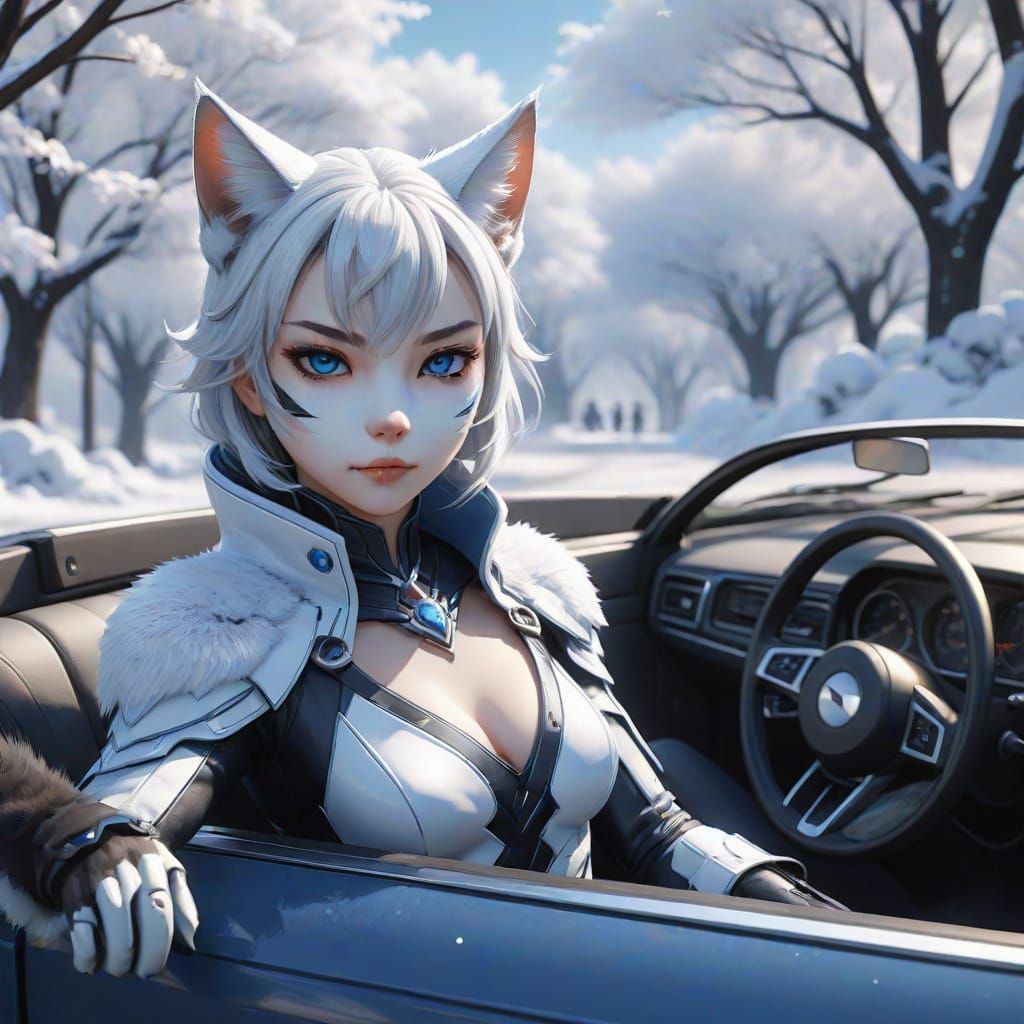 Anime Cat Woman in Car with Dog People in Winter