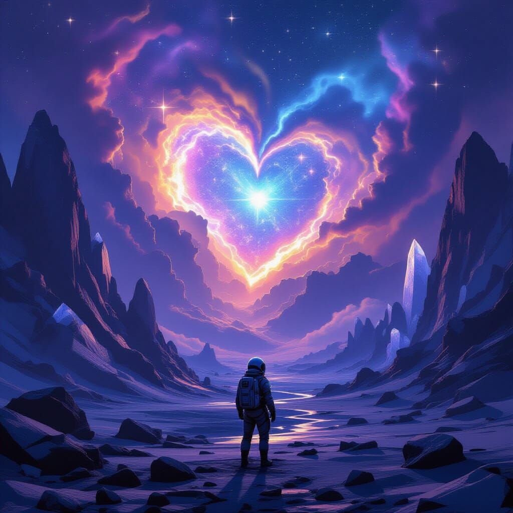 Astronaut Gazes at Heart Nebula on Alien Planet