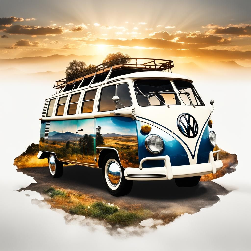 VW Bus Silhouette with Landscape in 19th-Century Style