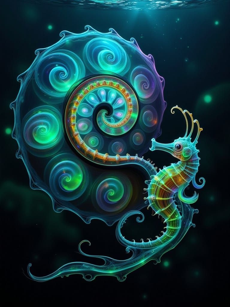 Bioluminescent Nautilus with Rainbow Abalone and Pink Seahor...