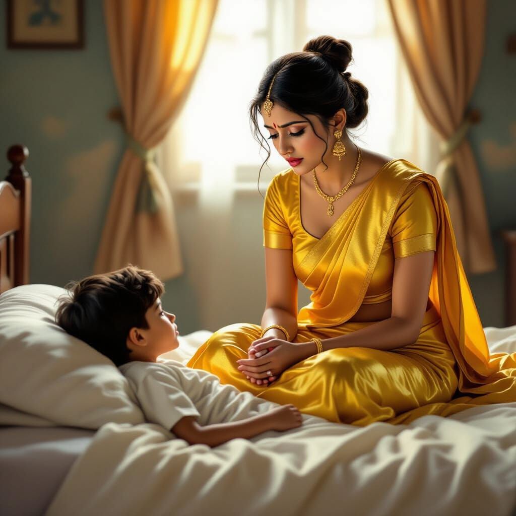 Indian Woman and Boy on Bed in Silk Attire