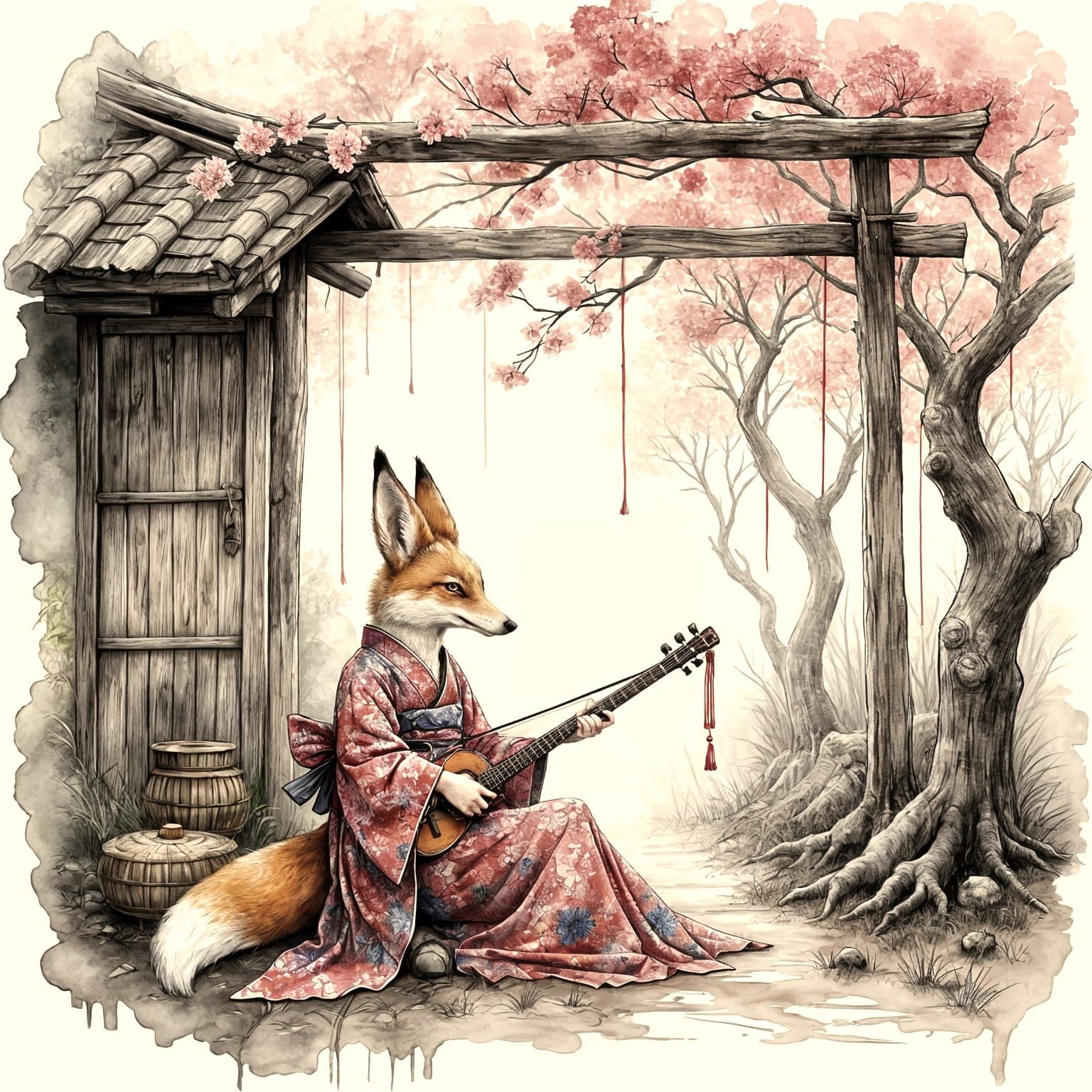 Kitsune Playing Shamisen by Shinto Gate in Ink Wash Style
