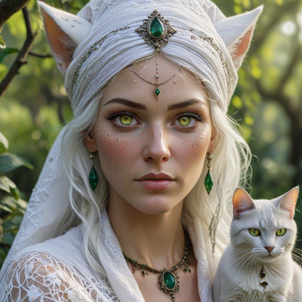 White Haired Witch with Cats and Green Trees