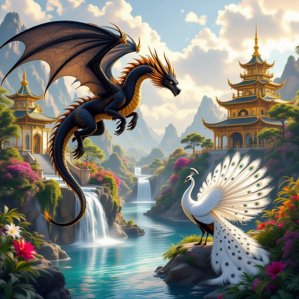 Black and Gold Dragon Over Golden Palace in 3D Game Style