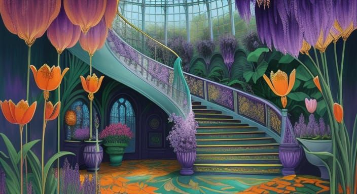 Surreal Greenhouse Staircase with Blooming Flowers and Creat...