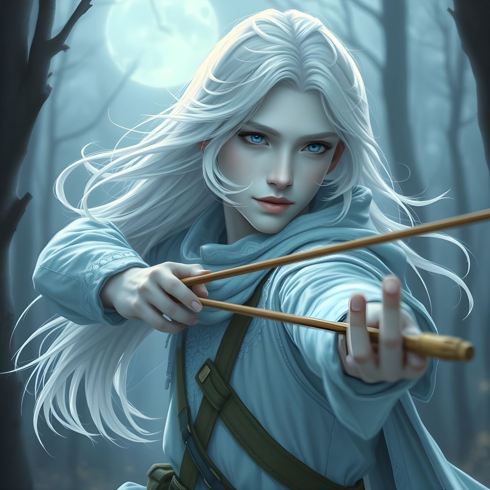 Portrait of a Beautiful Male Archer with White Hair