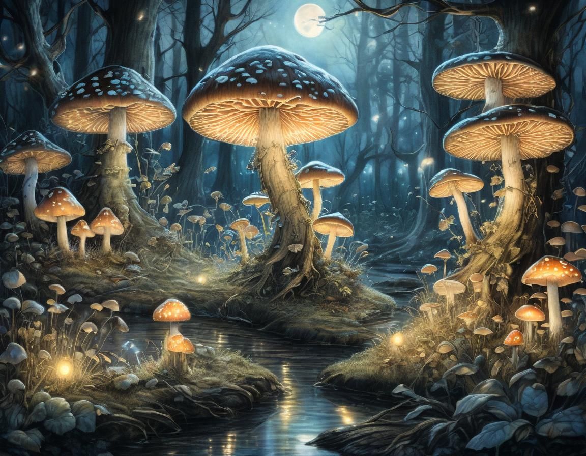 Fairies Weaving Spells in Moonlit Glade, Colored Pencil Sket...