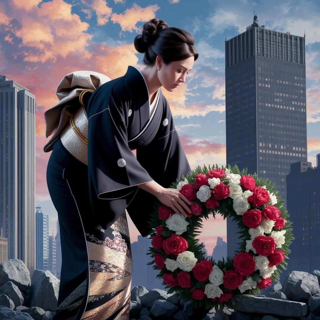 Woman in Black Kimono Lays Wreath at Ground Zero