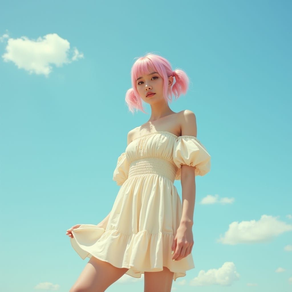 Pink-Haired Woman in Summer Dress, Digital Art