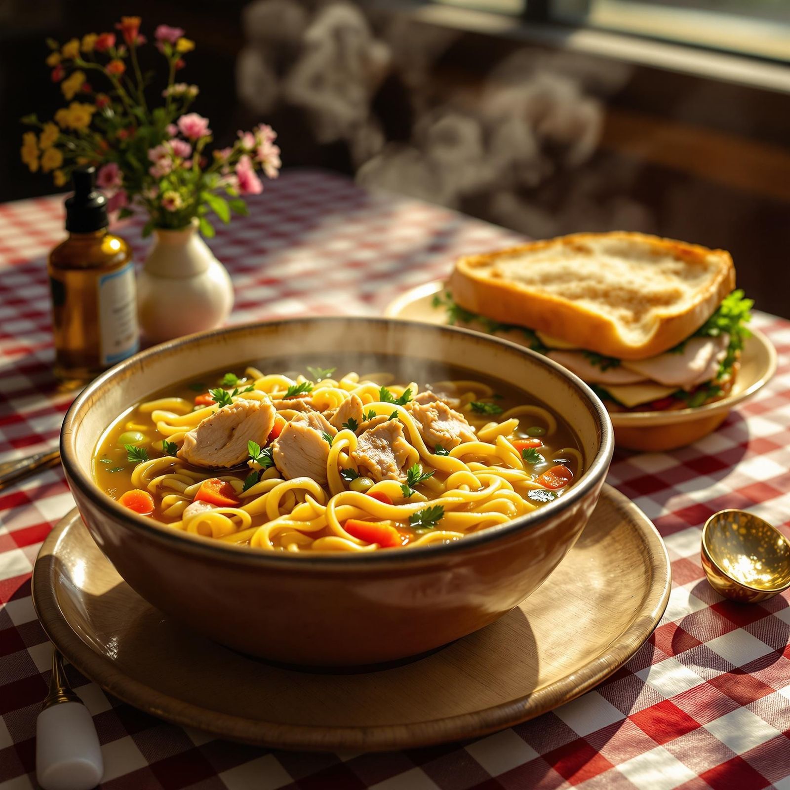 Cozy Diner Scene with Hearty Chicken Noodle Soup and Turkey...