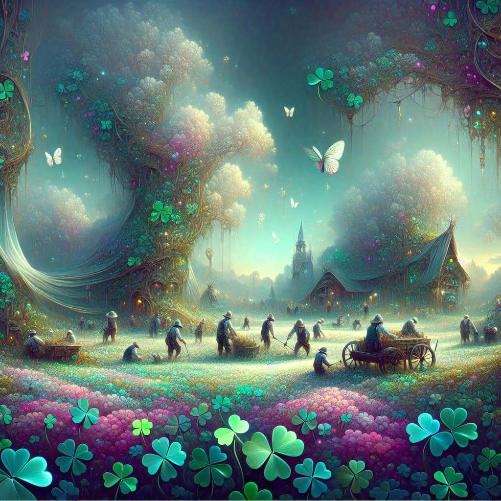 Pixies Farming Shamrock Meadow in Romantic Style