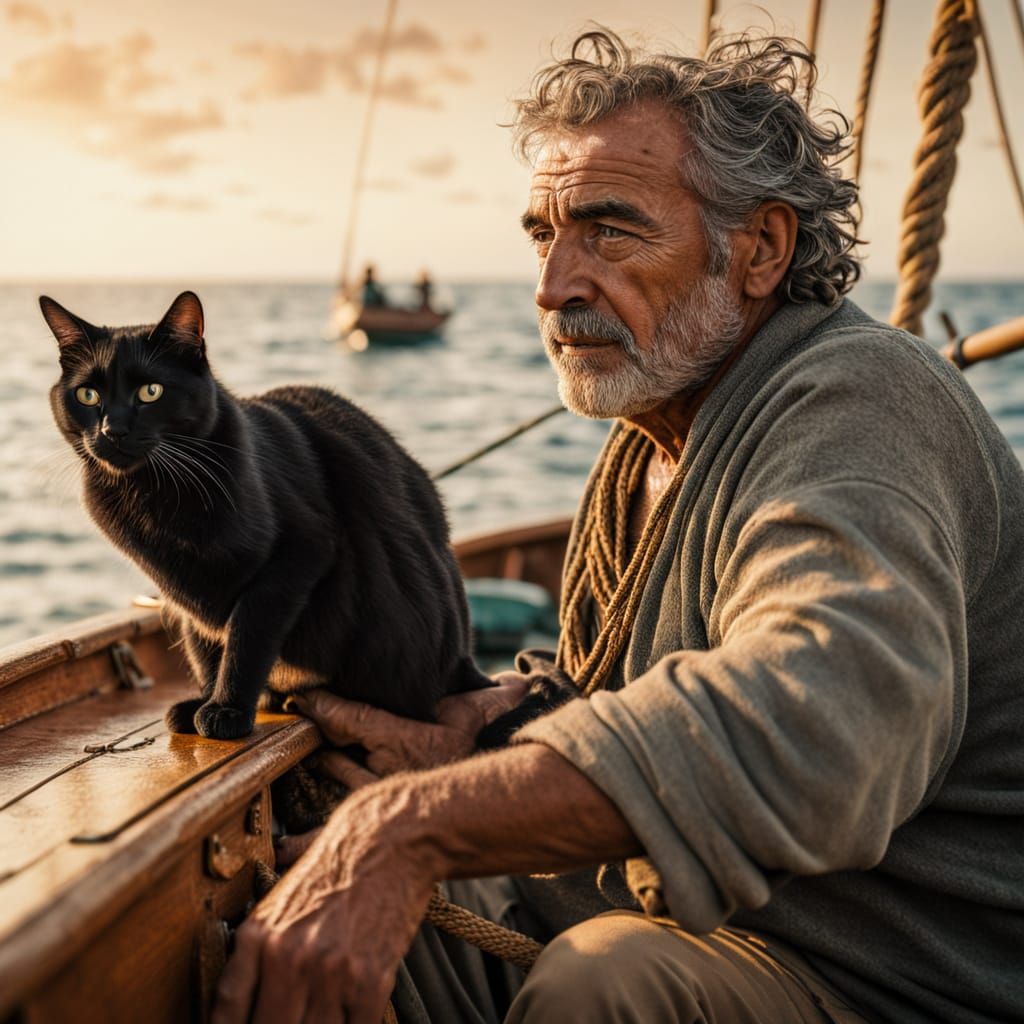 Sicilian Fisherman and Black Cat in Soft Morning Light