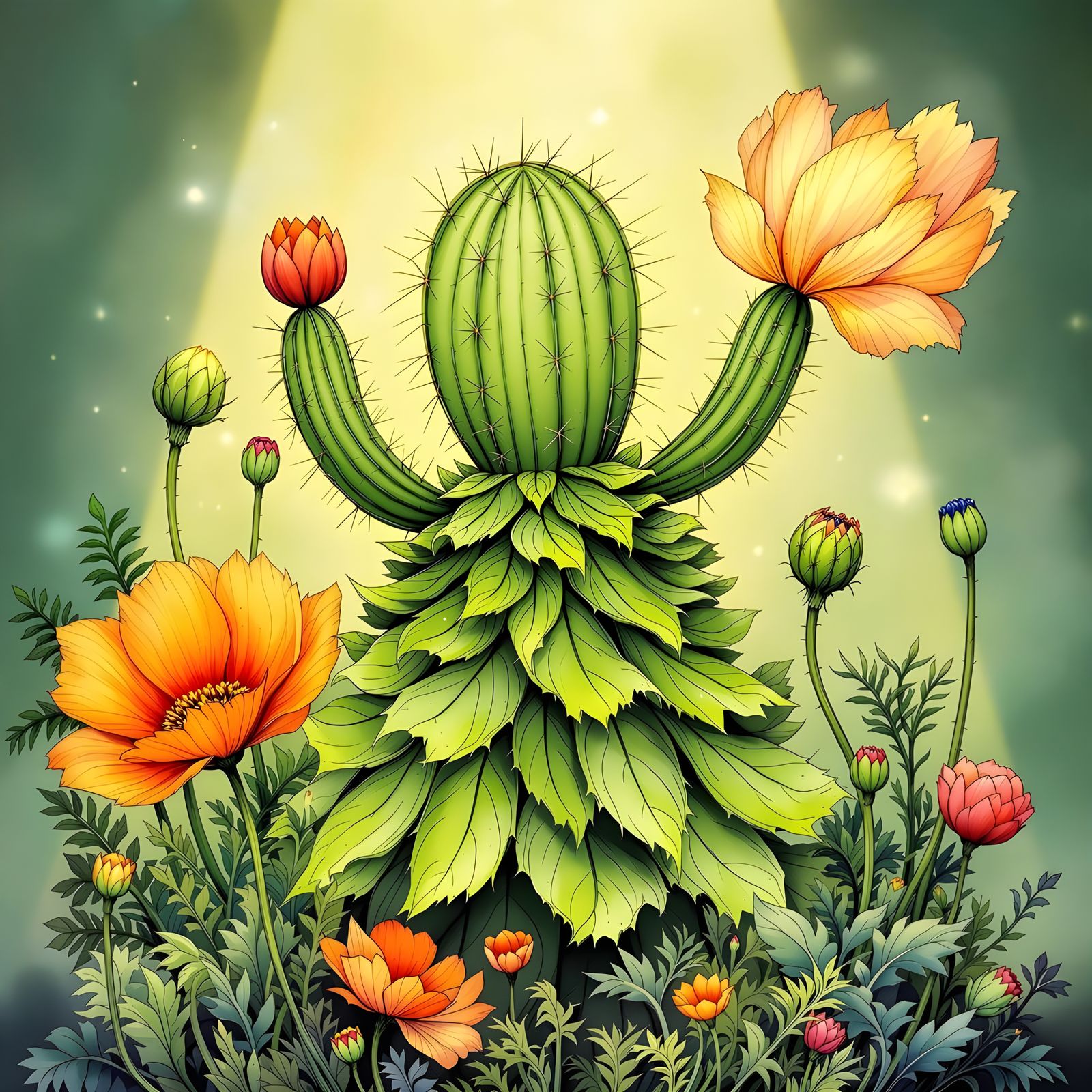 Whimsical Cactus in Floral Fantasy