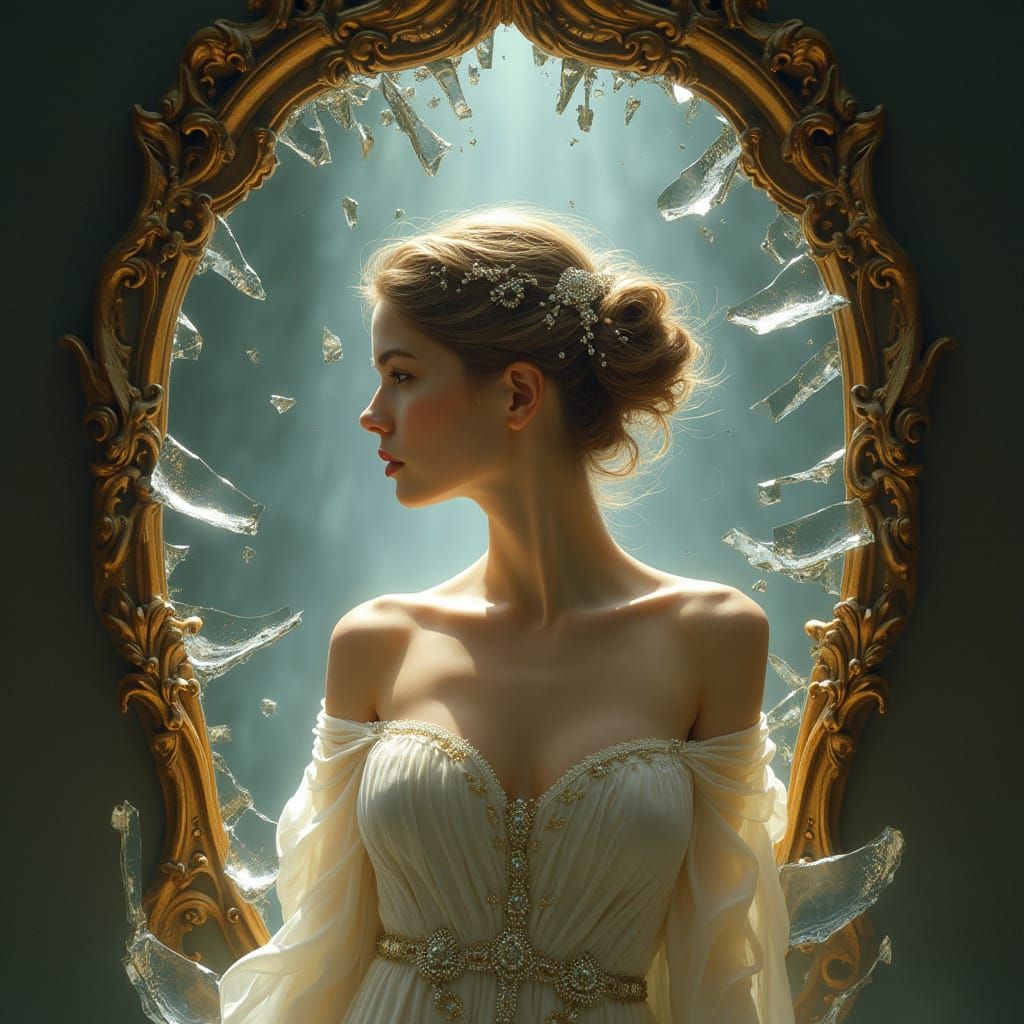 Serene Goddess Emerges from Shattered Mirror
