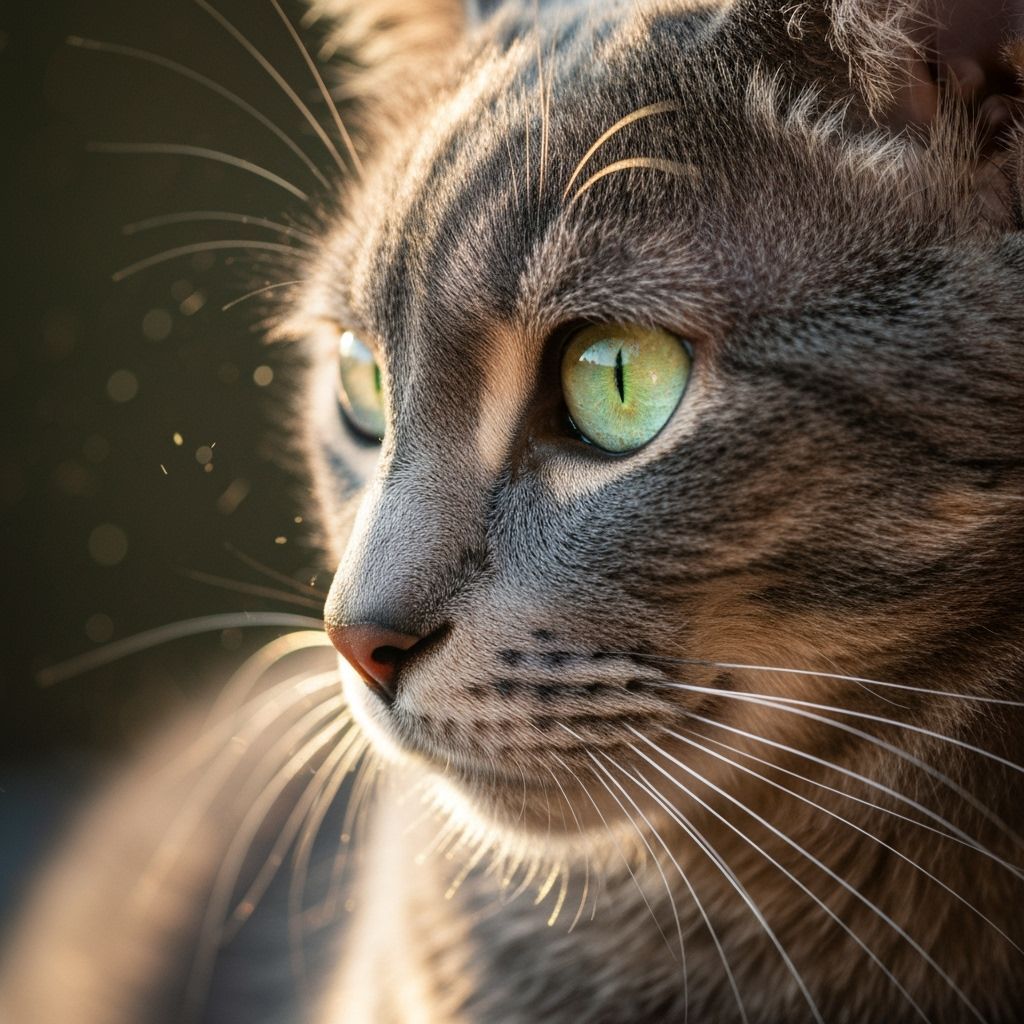 Majestic Grey Cat in Golden Hour Sunlight