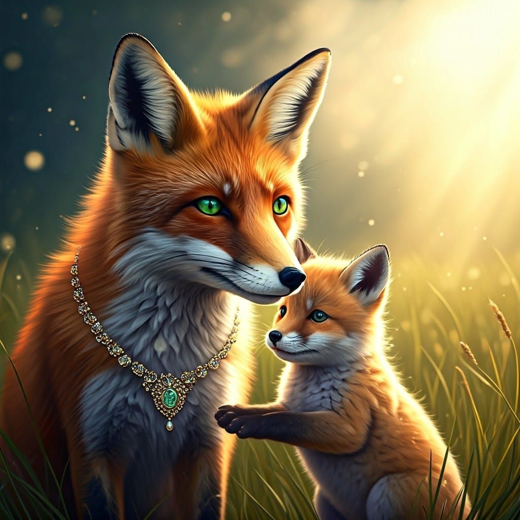 Whimsical Fox Family in Sunlit Meadow
