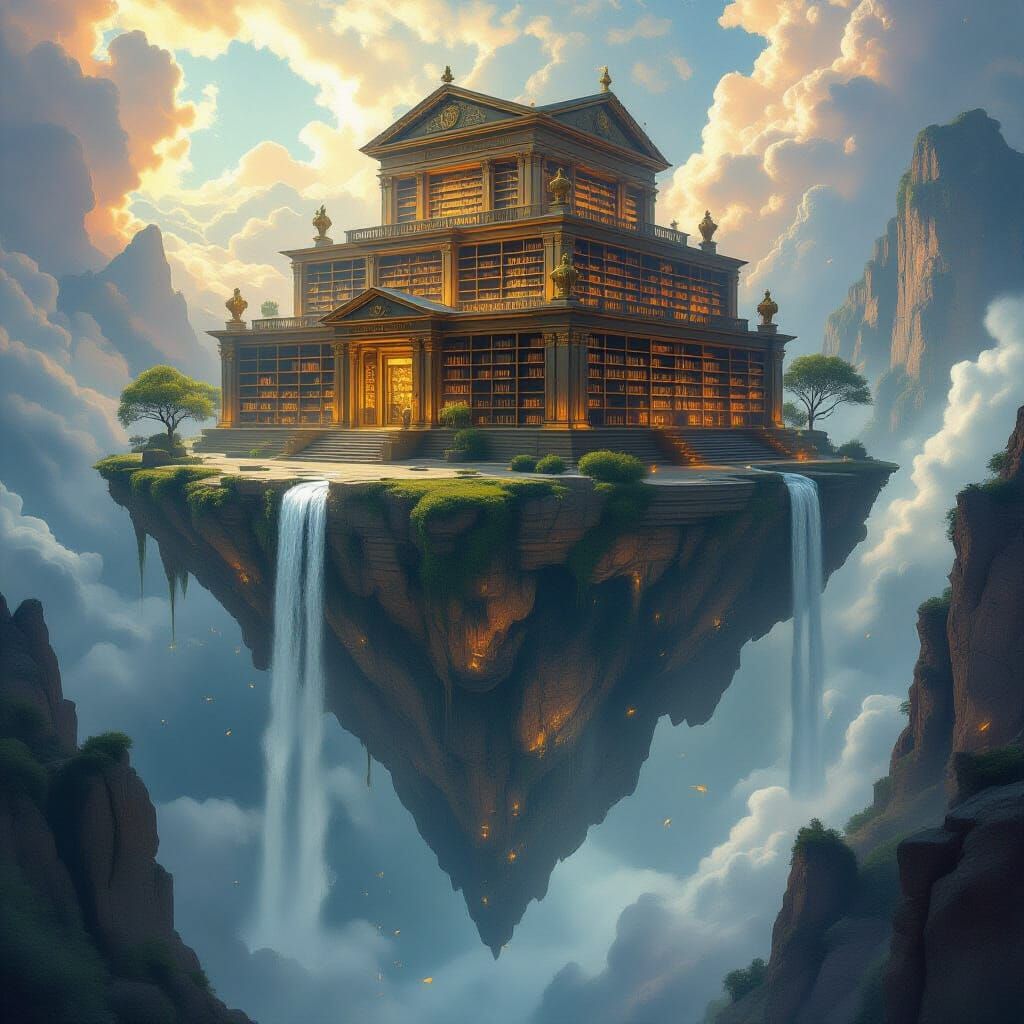 Floating Island Library with Glowing Tomes
