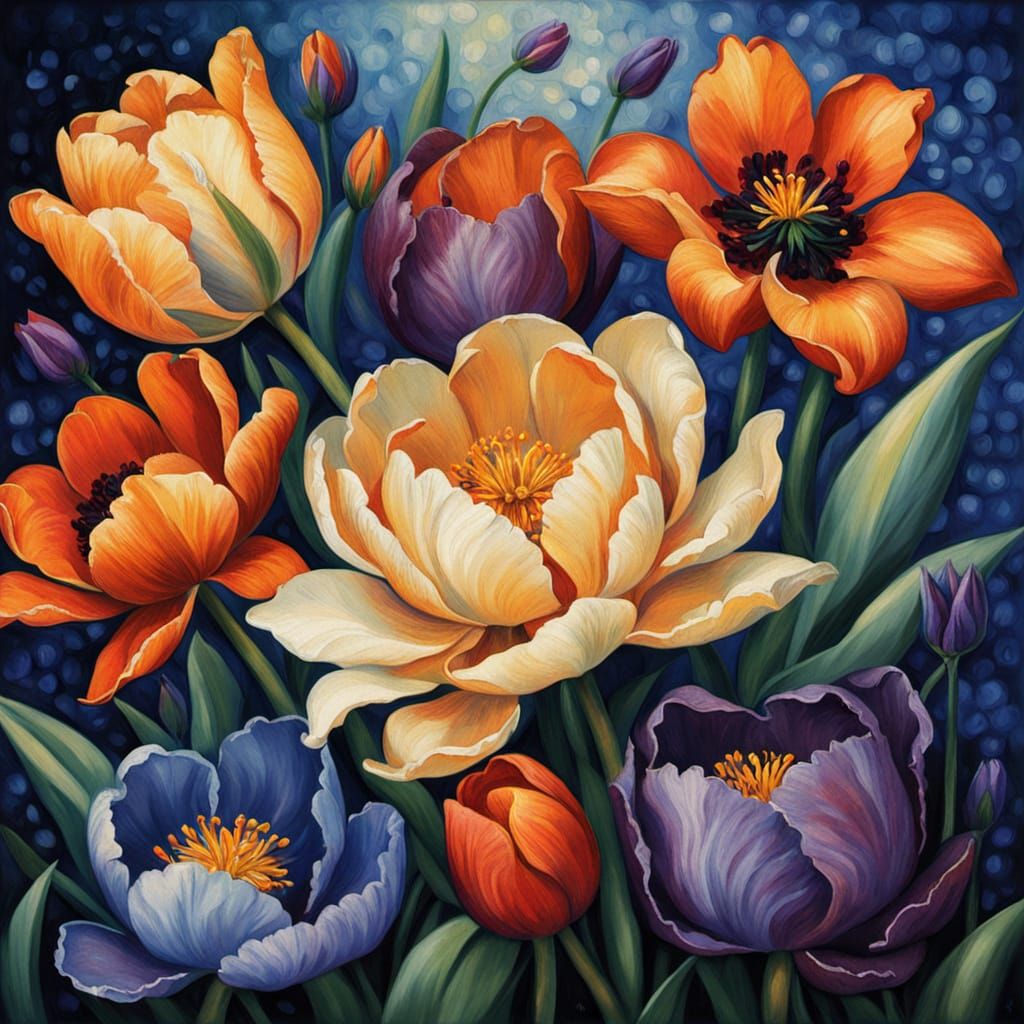 Vibrant Flowers in Rembrandt MacIntosh Style with Pointillis...