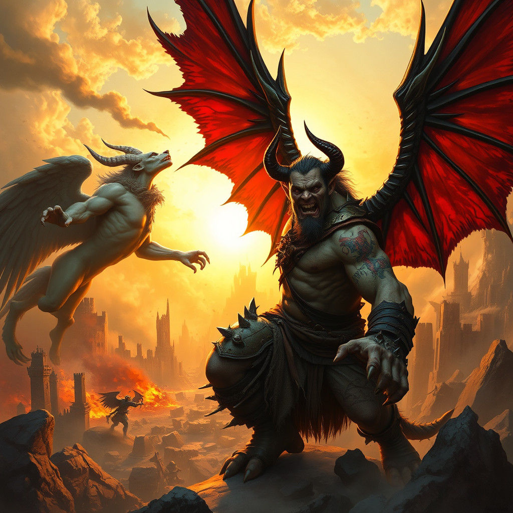 Demon Orc Battles Angel in War-Torn Landscape