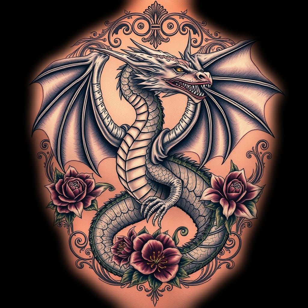 Western Gothic Dragon Tattoo in Hyperrealistic Style