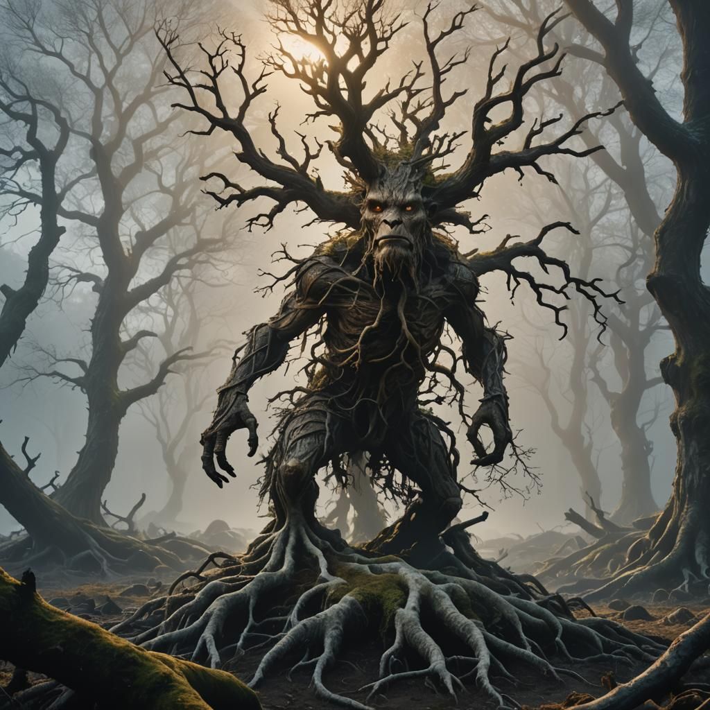 Mystical Tree Creature in Ancient Arctic Landscape