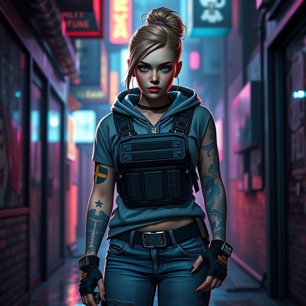 Cyberpunk Swedish Tomboy in Neon Alleyway