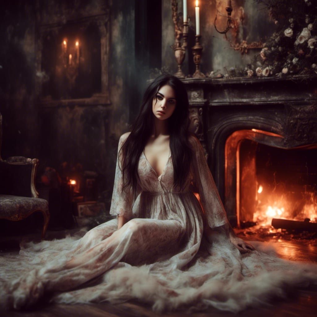 Beautiful Woman by Fireplace in Sheer Nightgown