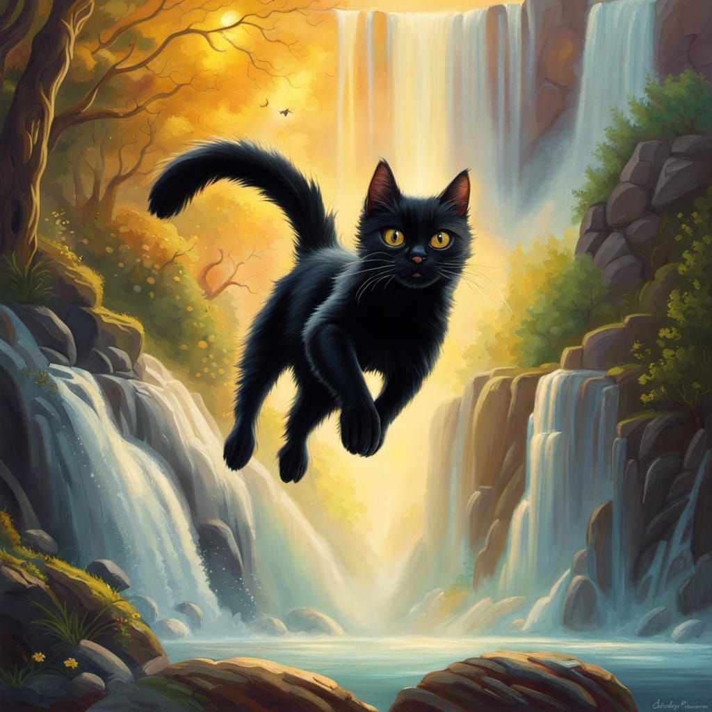 Cartoon Black Cat Jumps at Waterfall in Oil Painting