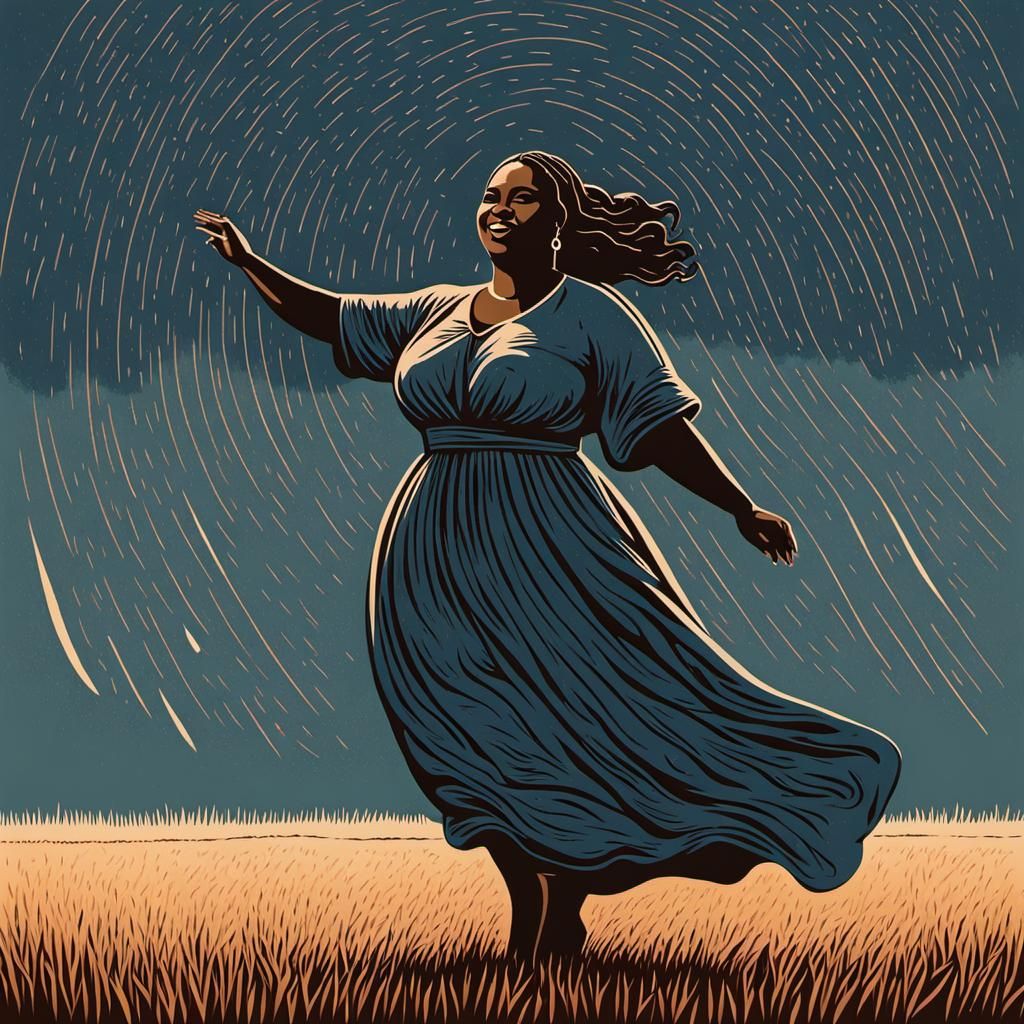 Dancing Saint in Divine Rain: Linocut Illustration