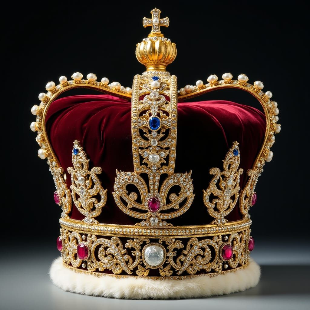 Luxurious Crown Adorned with Precious Stones and Allegorical...