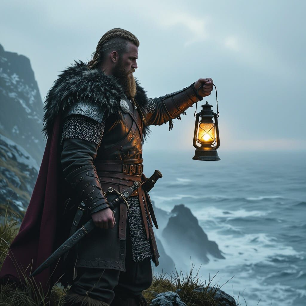 Viking Warrior on Windswept Cliff in Nordthra Style