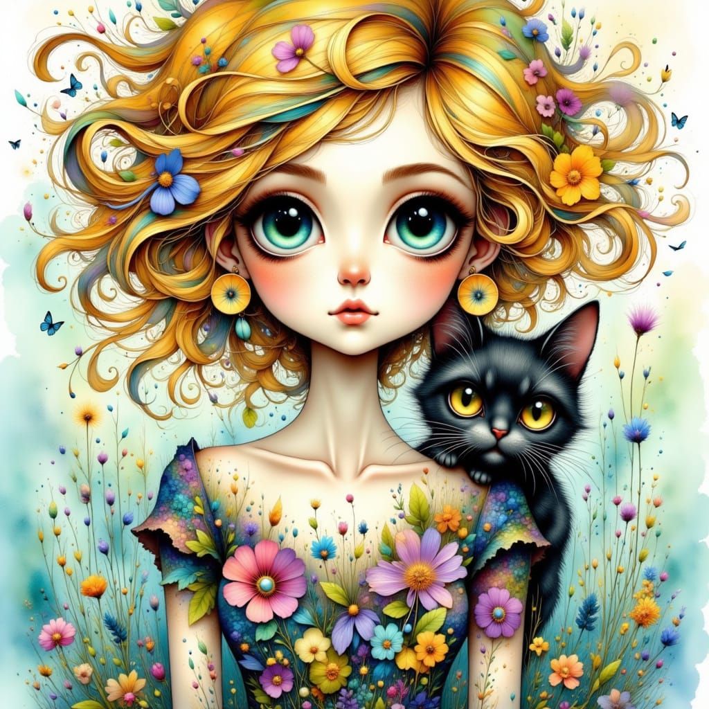 Whimsical Folk Art Woman with Gold Hair and Black Cat