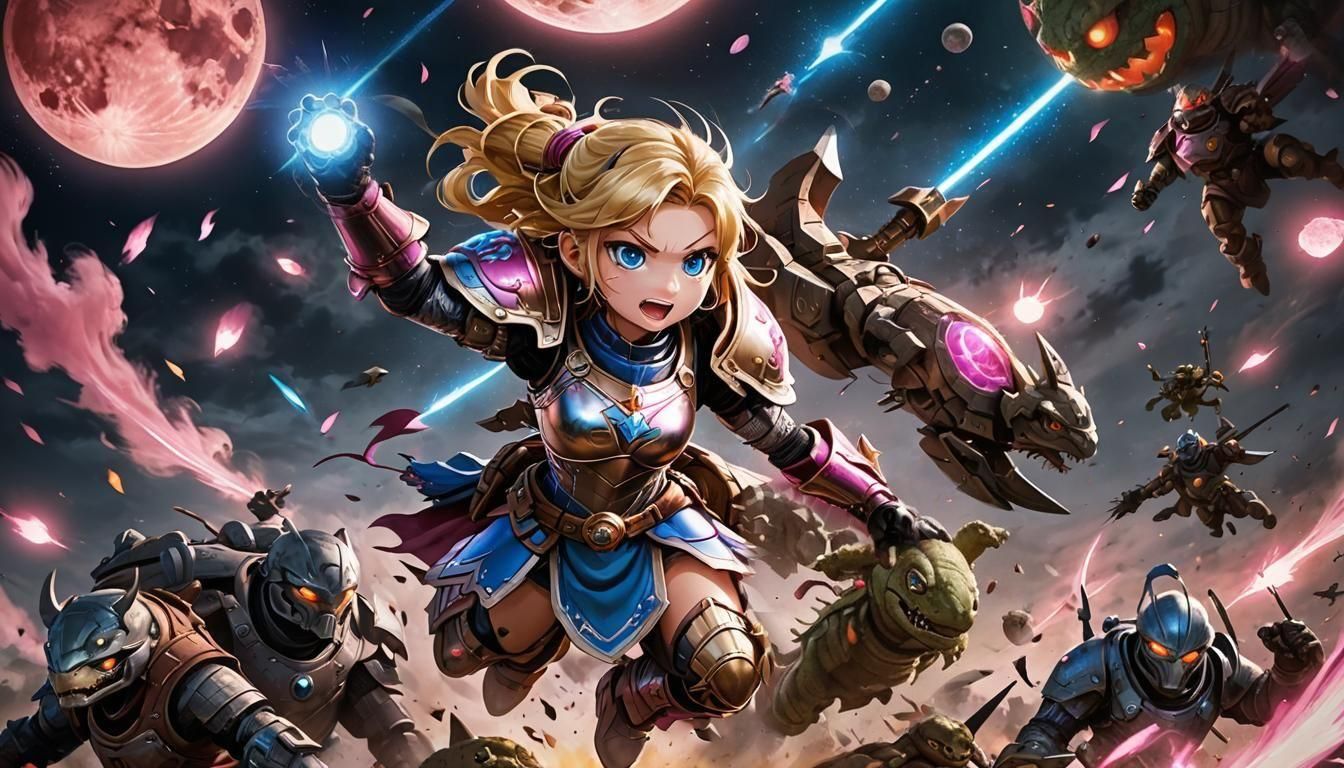 Little Girl Warrior Over Battlefield, in Anime Style