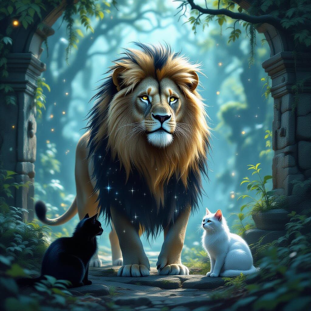 Starlight Lion Guards Ancient Ruins in Mystical Forest