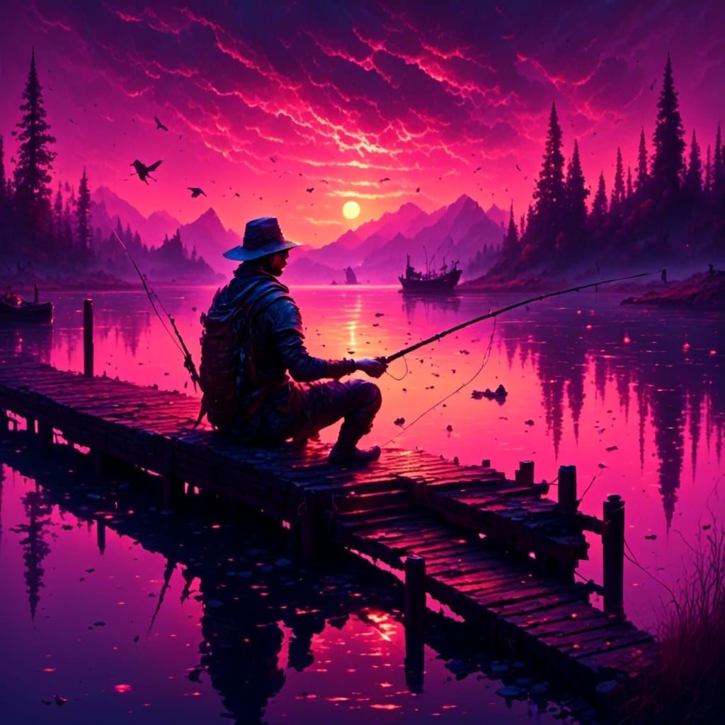 Fisherman at Sunset on Quiet Lake Dock