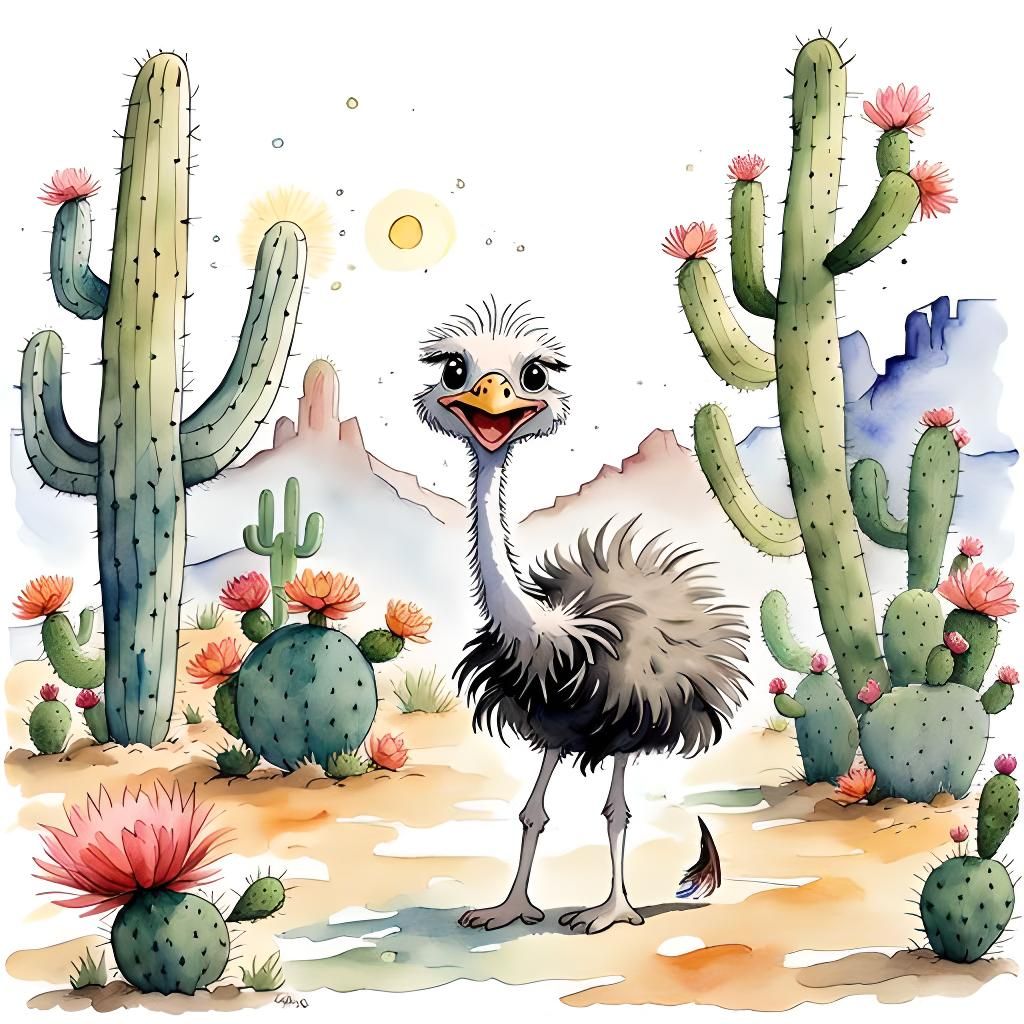 Little ostrich, dancing near a blooming cactus