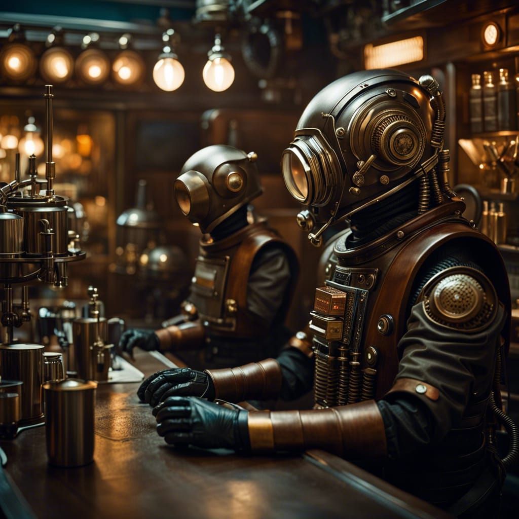 Steampunk Coffee Shop on the Moon in Hyperrealism