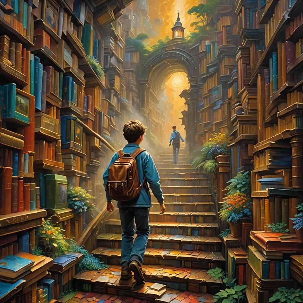 Boy in Book: Neo-Impressionist Oil Painting