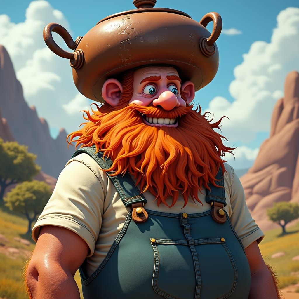 Ginger-Bearded Man with Cooking Pot Helmet in Fantasy Landsc...