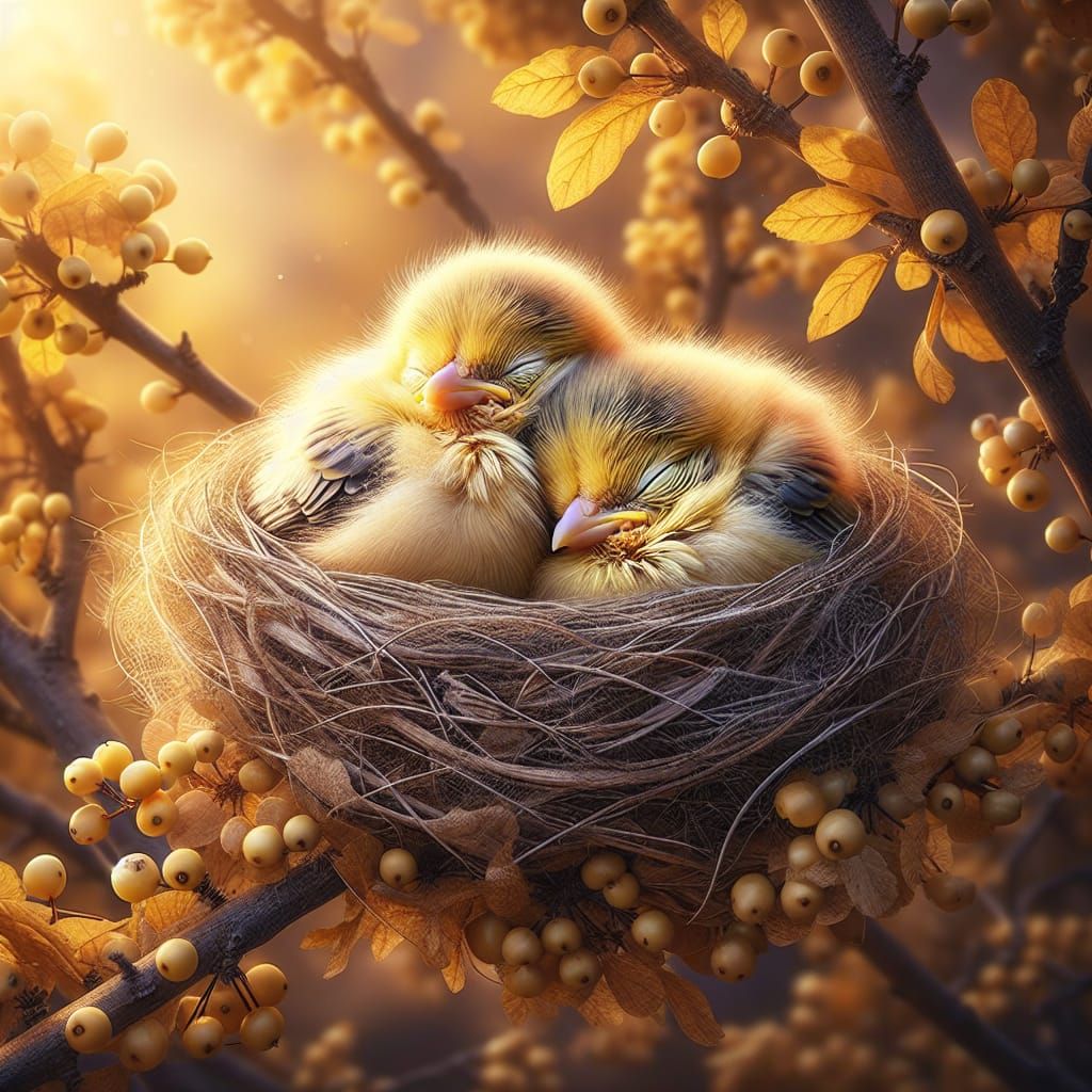 Two Yellow Baby Birds Cuddle in Autumn Nest