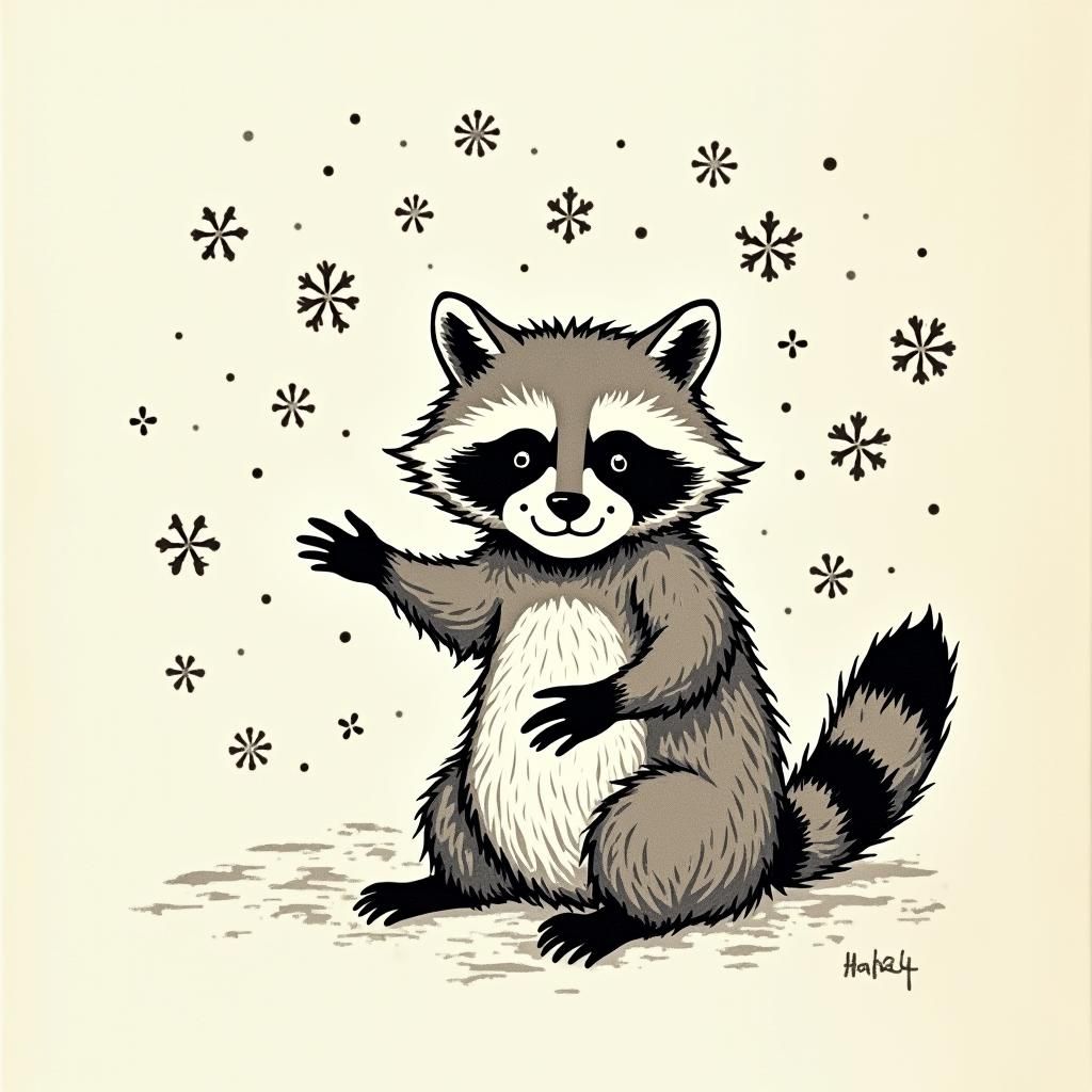 japanese woodcut inspired happy raccoon playing in stylized ...