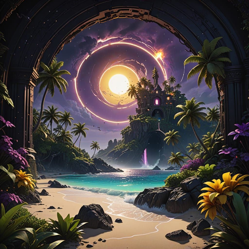 Ethereal Black Hole Consumes Tropical Paradise in Dark Fanta...