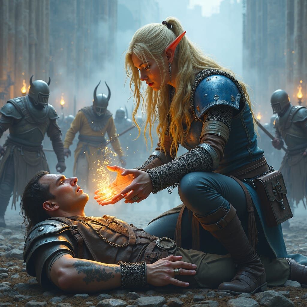 Half-Elf Healer Warrior Casting Spell in Battle